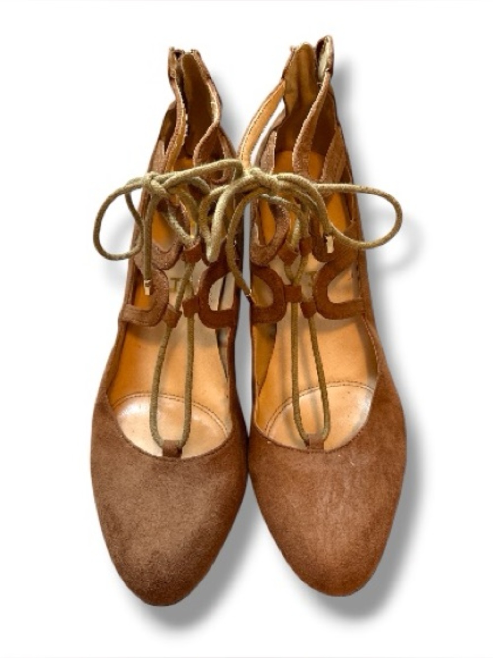 Unisa Lace-Up Block Heel Pumps | Cognac Suede | Size 7.5